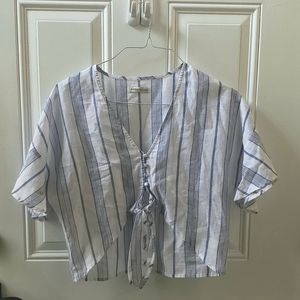 Moon River Blue and White Striped Cropped Button Tie Top